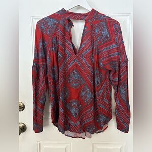 Free People Red and Blue Geometric Blouse